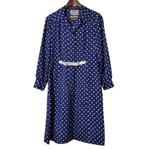Vintage Lillie Rubin Carlye Size 12 Blue Polka Dot Midi Dress Long Sleeve Womens
